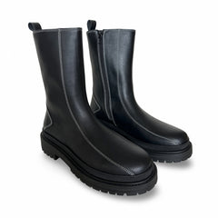 Unisex black mid-calf boots vegan leather zipper flats ridged sole casual office