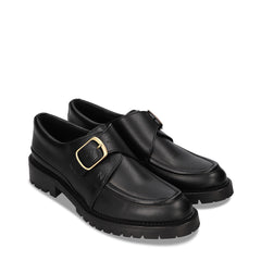 Vegane Damen Schuhe Flach loafer derby aus schwarz Apfelhaut mit Riemen Schnalle | NAE