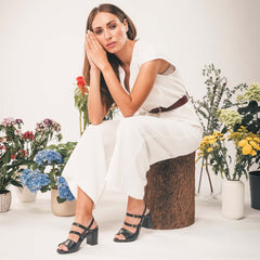 Women black vegan heels shoes wearing summer white dress | NAE Vegan Shoes