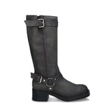RUBY Grey vegan knee-high harness boot — women’s ethical boot made in Portugal, worn with black leggings and shearling coat