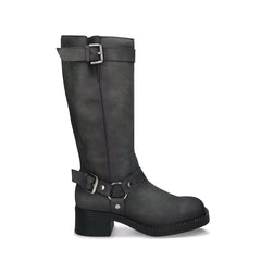 RUBY Grey vegan knee-high harness boot — women’s ethical boot made in Portugal, worn with black leggings and shearling coat
