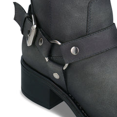 RUBY Grey vegan boot hardware detail — silver-tone D-ring buckle and harness strap close-up