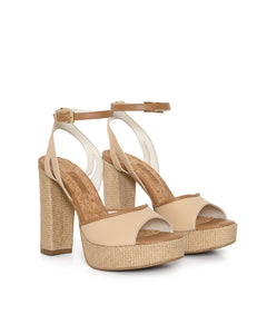 Beige high-heeled sandals with woven details in vegan leather and Jute. Sustainable and cruelty-free.
