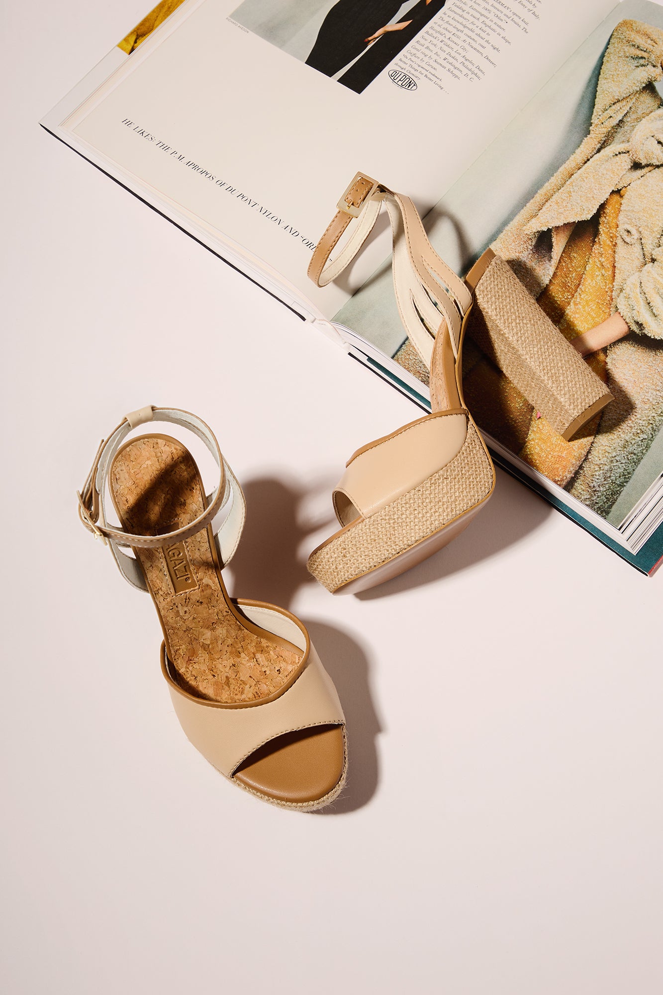 Beige Vegan Wedge Sandals in Mushroom Leather & Jute