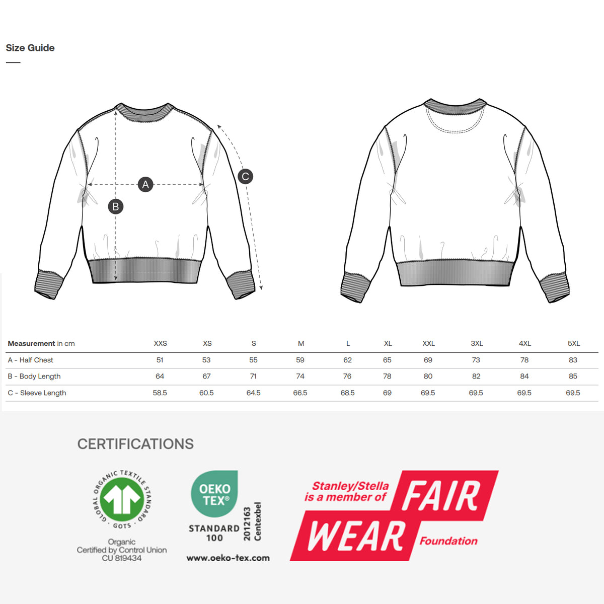 NEW WORLD GUARDIANS organic cotton sweatshirt size guide and sustainability certifications