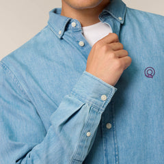 Models wearing a men's denim shirt in light wash – sustainable and ethically made fashion by New World Guardians