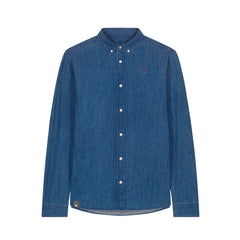 Front view of a men's denim shirt in mid-wash – sustainable and ethically made fashion by New World Guardians