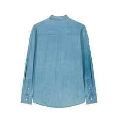 Back view of the denim shirt for women in light wash – sustainable and ethically made fashion by New World Guardians