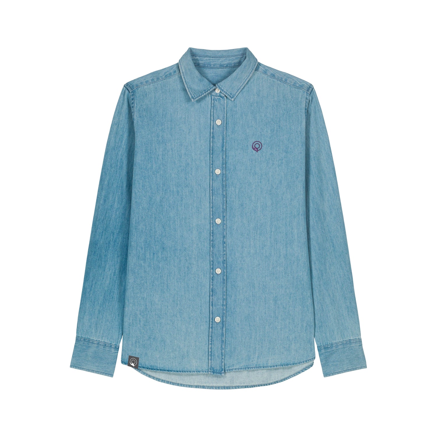 Front view of the denim shirt for women in light wash – sustainable and ethically made fashion by New World Guardians