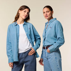 Models wearing the denim shirt for women in light wash – sustainable and ethically made fashion by New World Guardians