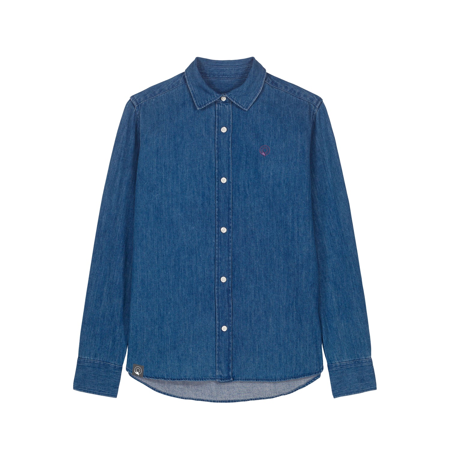 Front view of the denim shirt for women in mid-wash – sustainable and ethically made fashion by New World Guardians