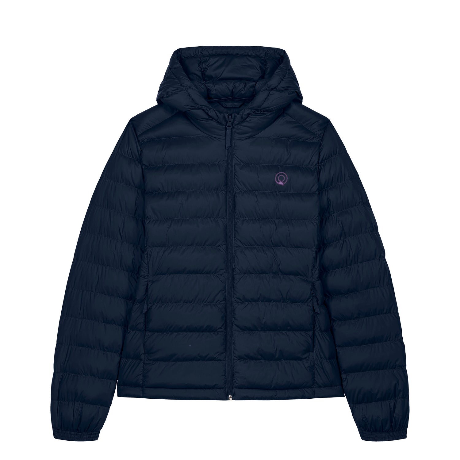 Navy blue puffer jacket for women on a white background