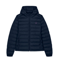 Navy blue puffer jacket for women on a white background