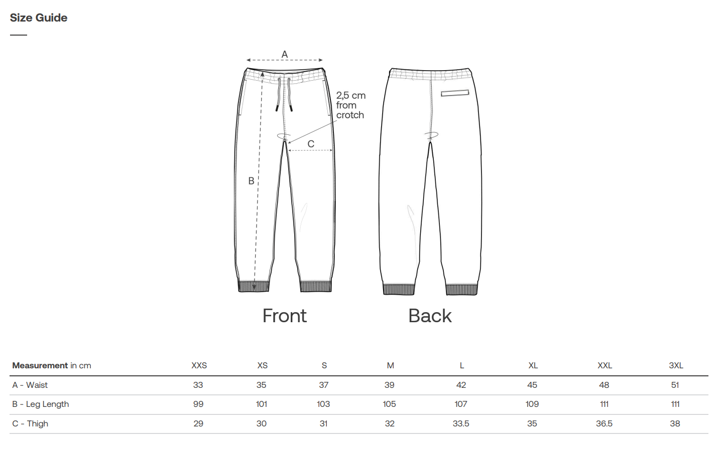 Sustainable pants size guide with front and back views and measurements.