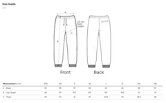 Sustainable pants size guide with front and back views and measurements.