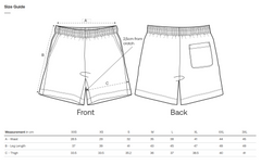 Measurement guide for sustianable shorts with labeled parts and size chart 