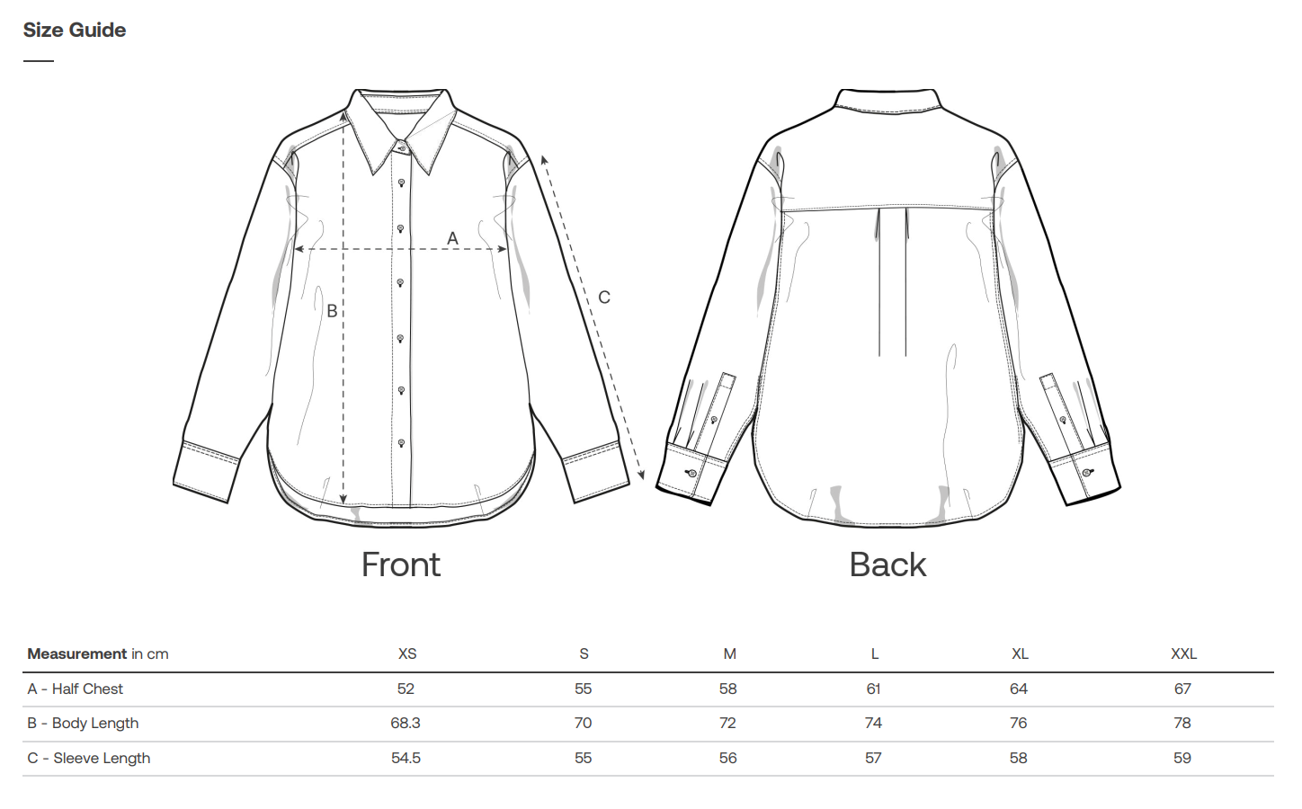 Line drawing of a sustainable shirt with size guide measurements on a white background