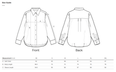 Line drawing of a sustainable shirt with size guide measurements on a white background