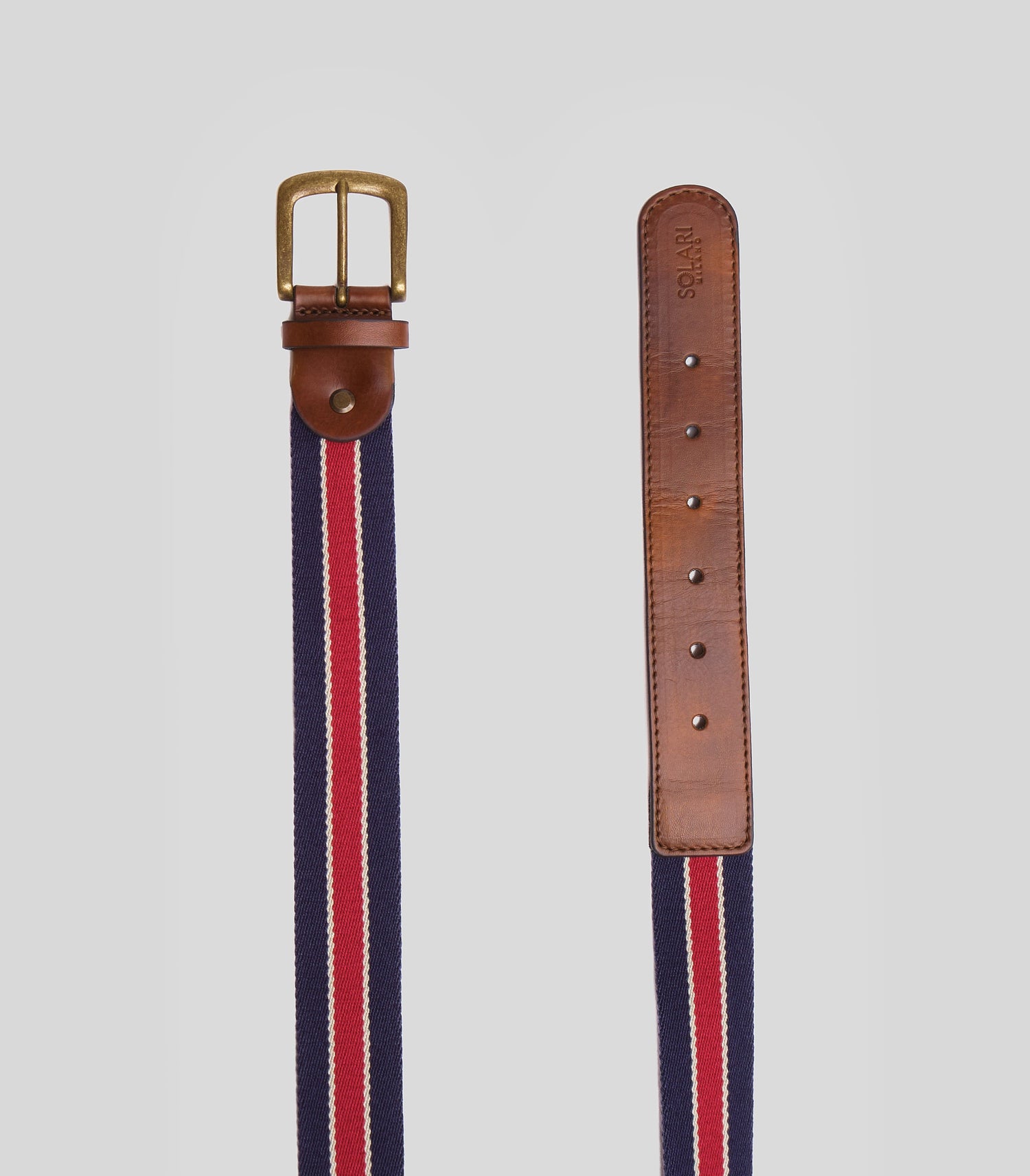 Sustainable vegan belt Brera in white, blue and red made out of materials such has acrylic, vegan leather and a nickel-free buckle 100% handmade in Italy.