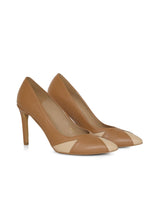 Pair of brown sustainable Heels with beige accents made from vegan leather