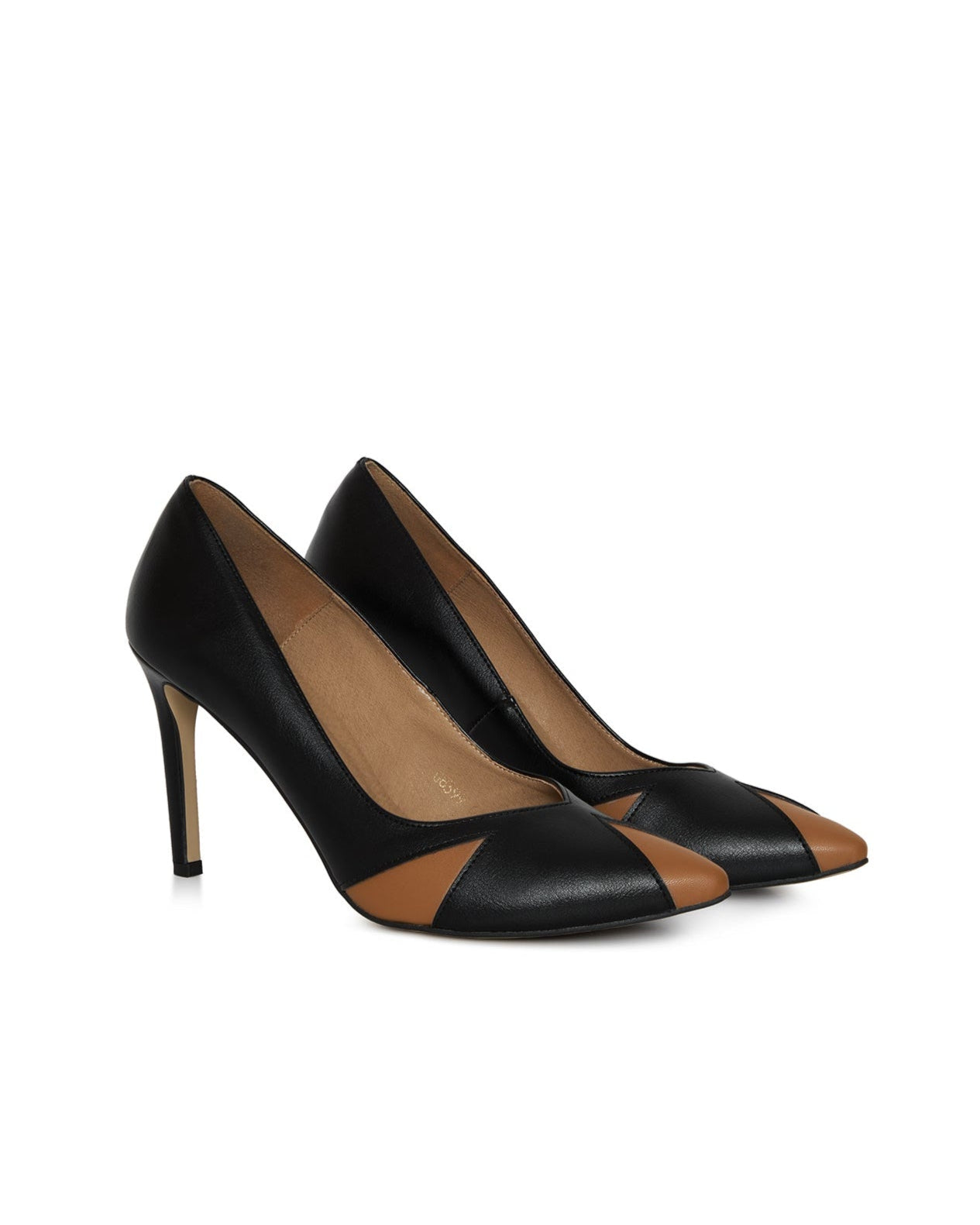 Black high-heeled shoes with brown accents made from vegan leather.