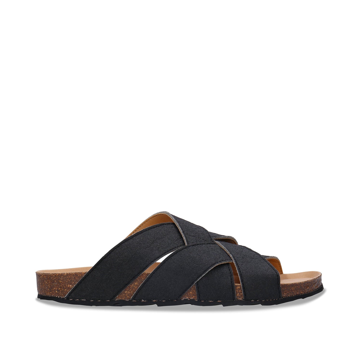 Vegan sandal criss-cross straps flat cushioned sole backless open-toe