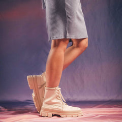 Women white ankle boots wearing blue dress | NAE Vegan Shoes