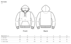 Size guide for a vegan hoodie with front and back views and measurement chart.
