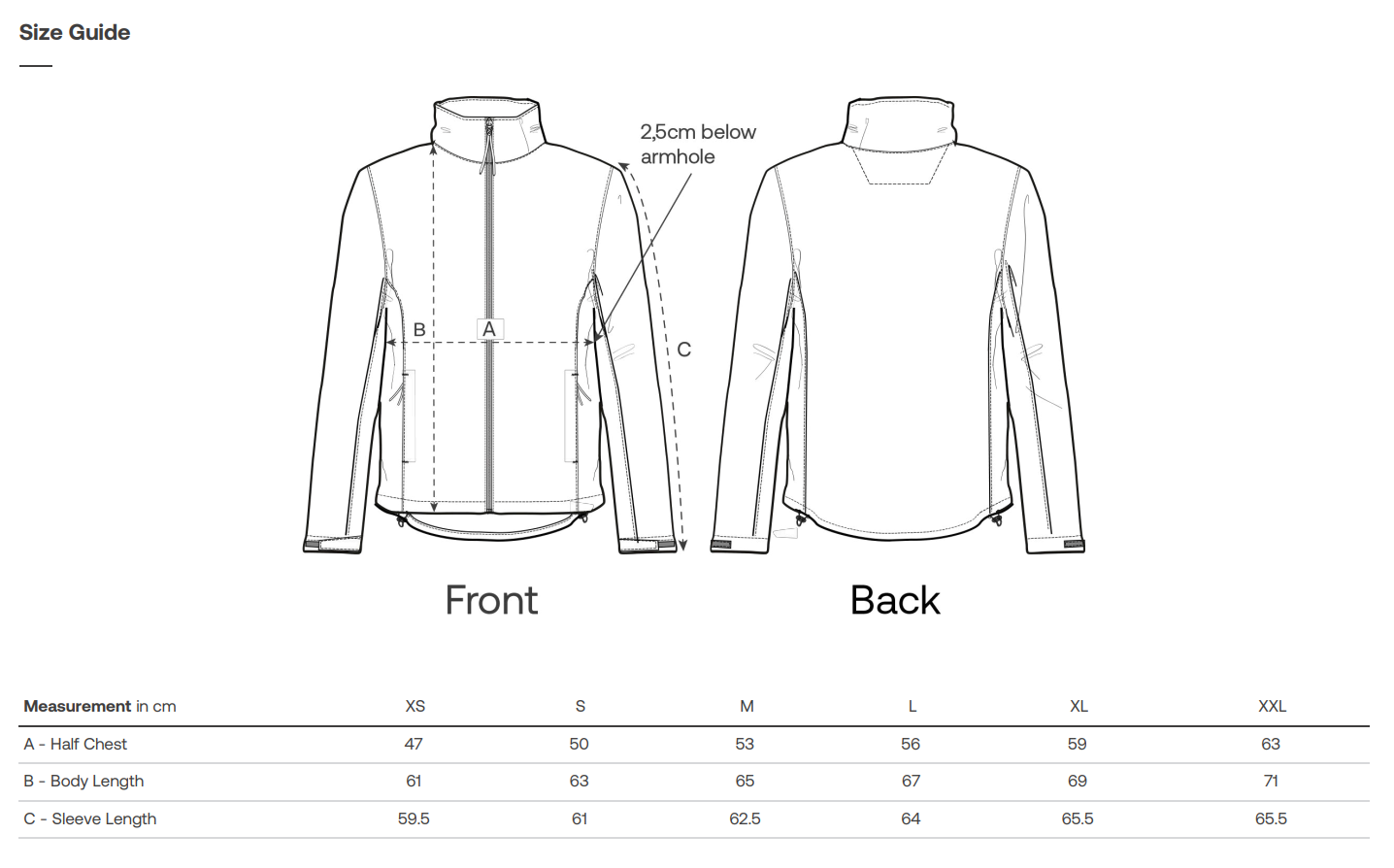 Size guide for a vegan explorer jacket with measurements labeled on front and back views.