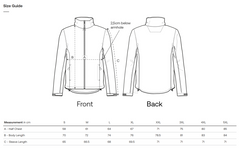 Size guide for a sustainable jacket with front and back views and measurement chart.