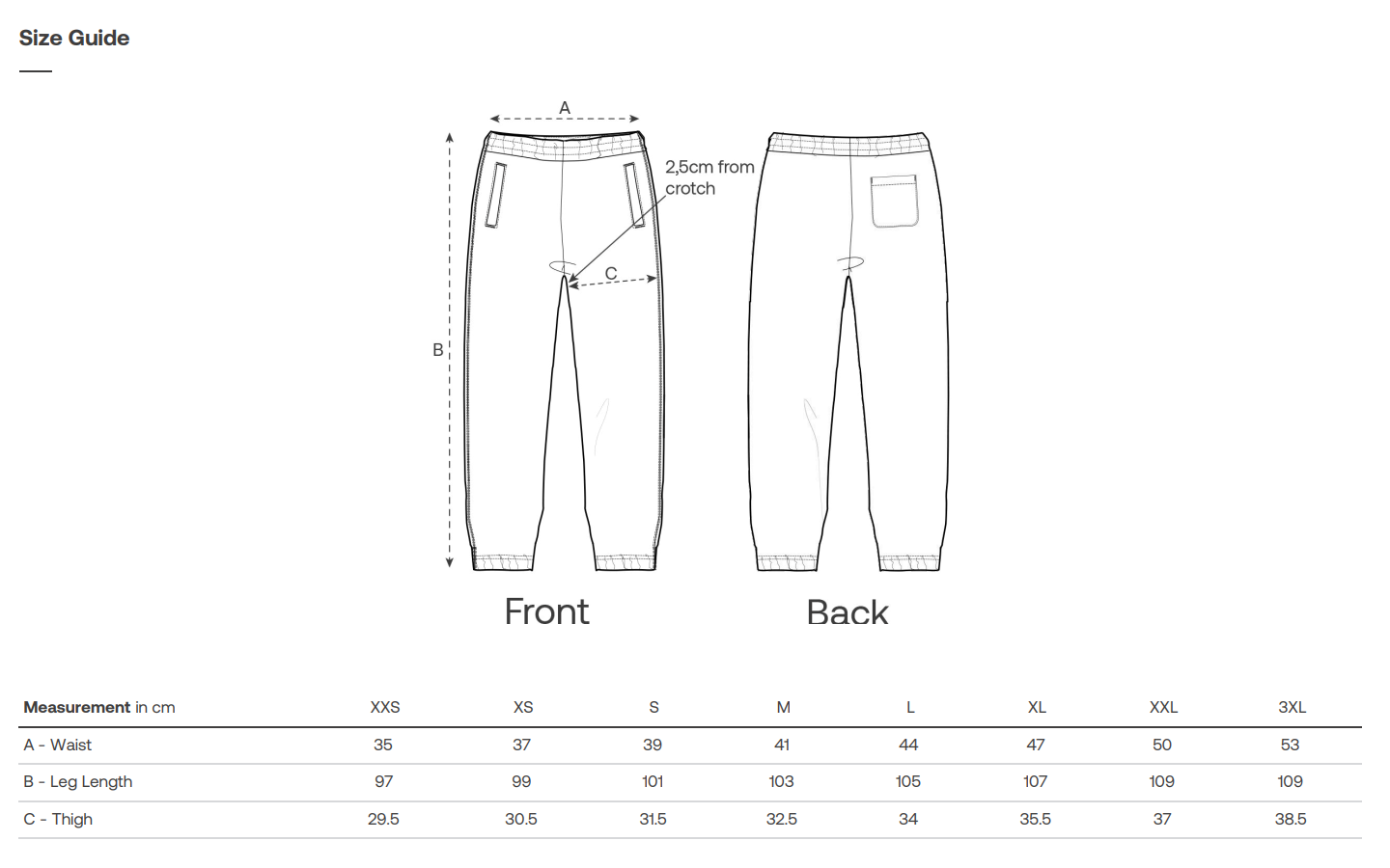 Sustainabel measurement chart for pants showing front and back views with size guide.