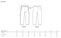 Sustainabel measurement chart for pants showing front and back views with size guide.