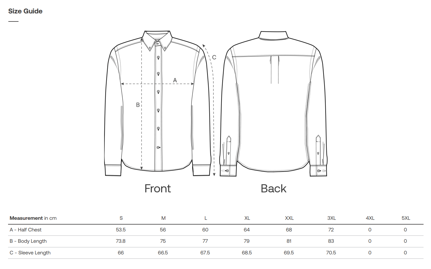 Size guide for a sustainable Oxford shirt with front and back views and measurement chart.