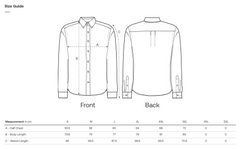 Size guide for a sustainable Oxford shirt with front and back views and measurement chart.