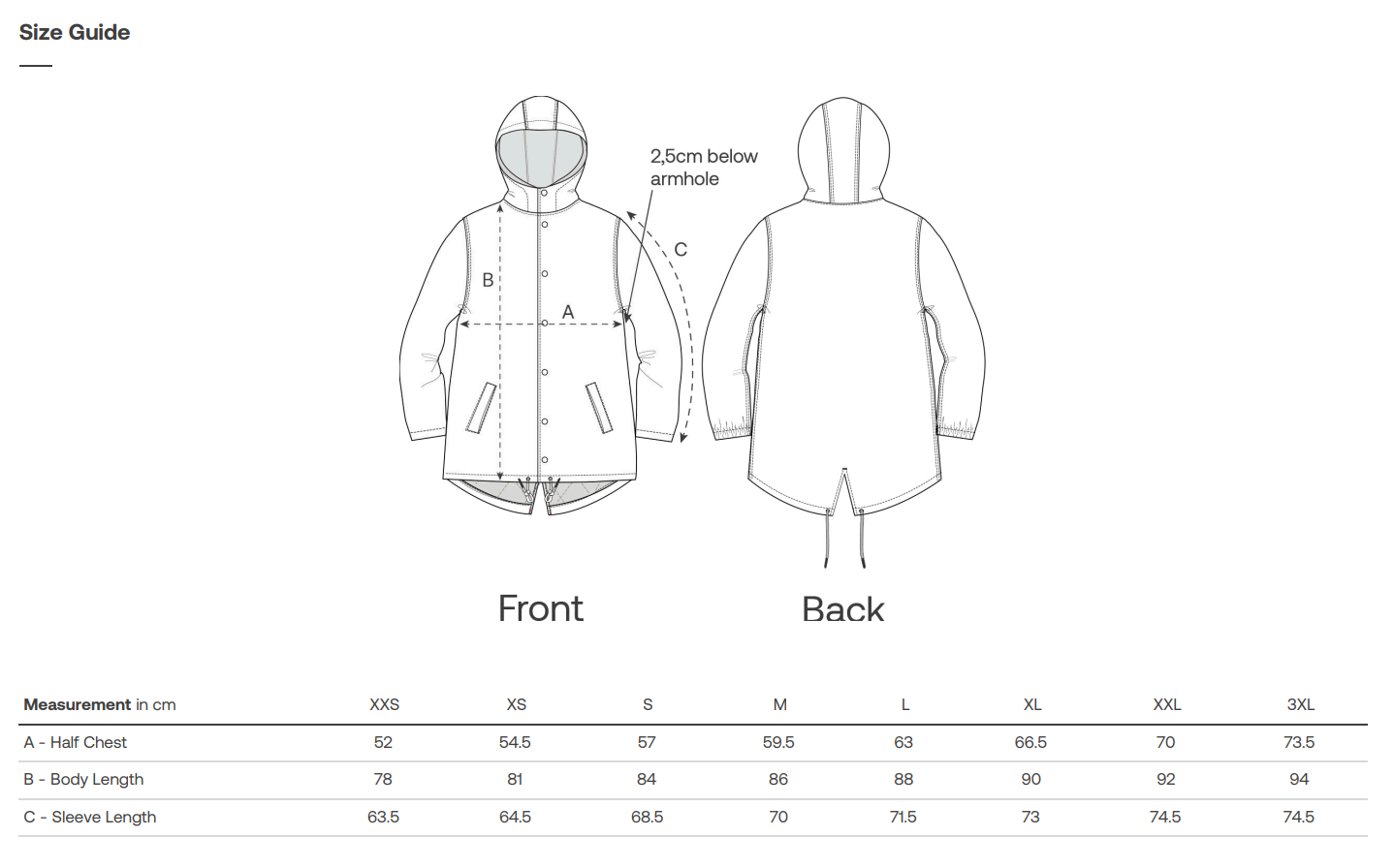 Size guide for a vegan Parker jacket with front and back views and measurement chart.