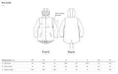Size guide for a vegan Parker jacket with front and back views and measurement chart.