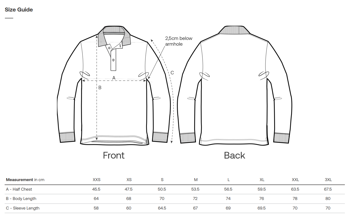 Size guide for a sustainable long-sleeve polo shirt with front and back views and measurement chart.