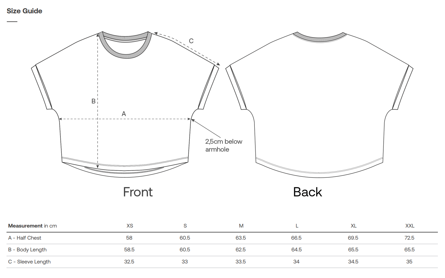 Size guide for a vegan crop top with measurements on a white background