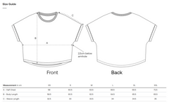 Size guide for a vegan crop top with measurements on a white background