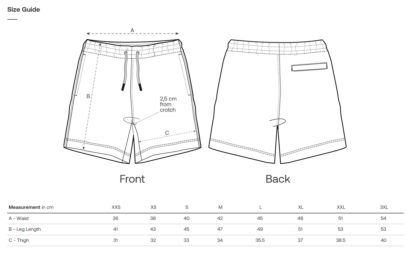 Vegan shorts with measurements for size guide on a white background