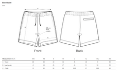 Vegan shorts with measurements for size guide on a white background