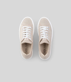 Vegan Hemp Sneaker V1 by Solari Milano featuring a beige hemp exterior and white laces, top view.