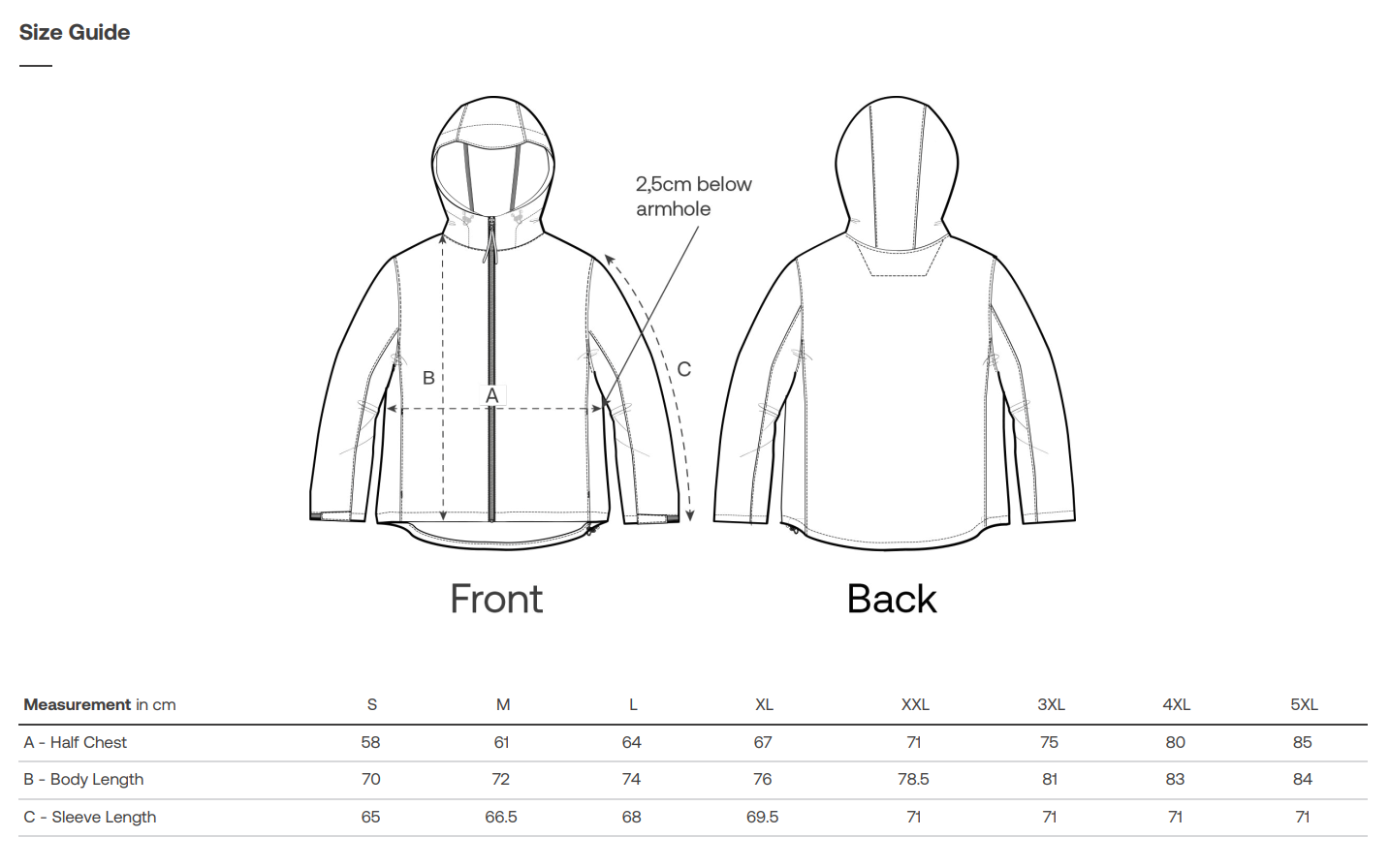 Size guide for a vegan softshell jacket with front and back views and measurement chart.