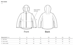 Size guide for a vegan softshell jacket with front and back views and measurement chart.