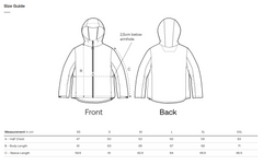 Size guide for a vegan softshell  jacket with front and back views and measurement chart.