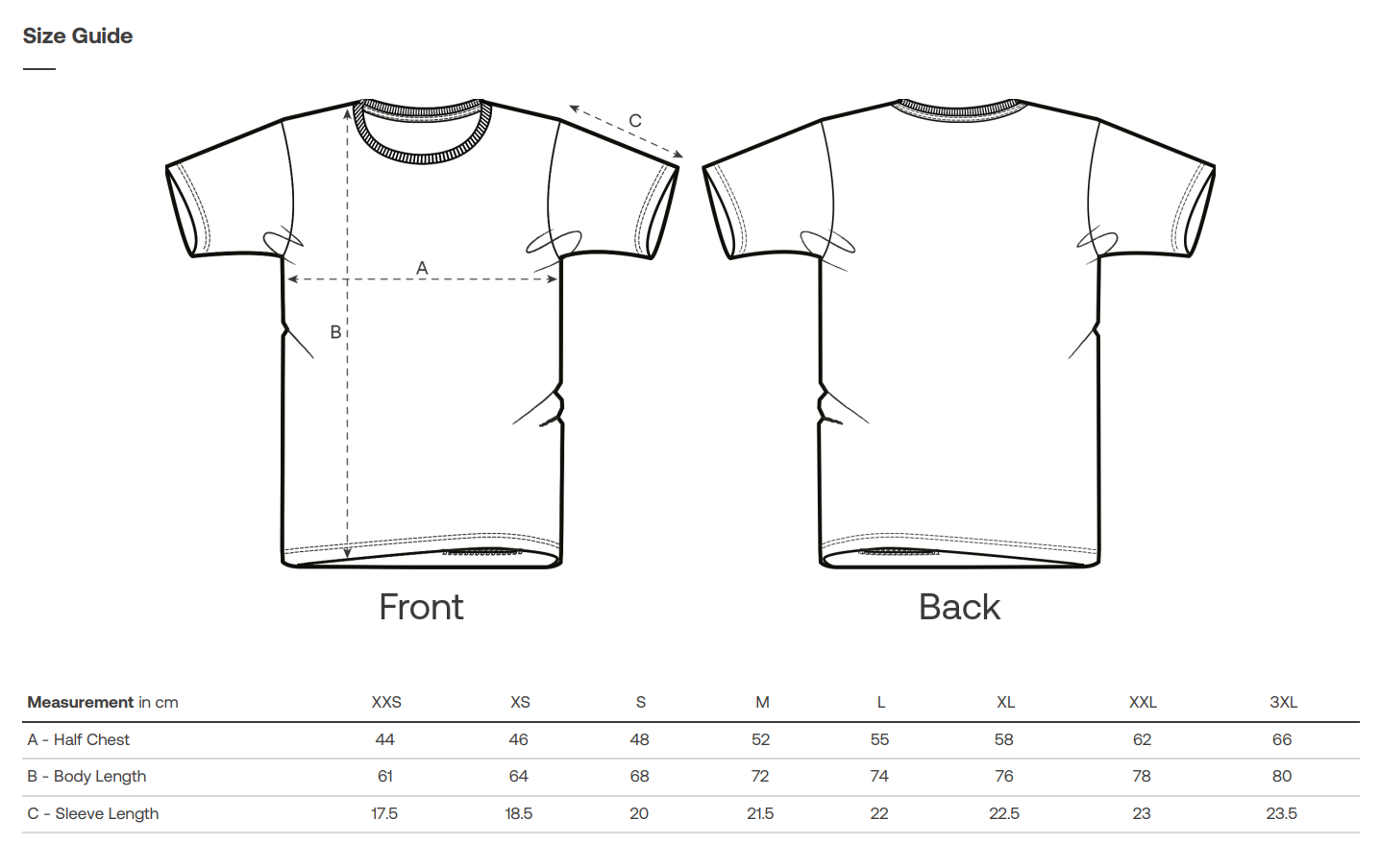 Vegan vintage T-shirt size guide with front and back views and measurement chart.