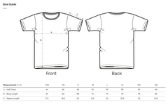 Vegan vintage T-shirt size guide with front and back views and measurement chart.