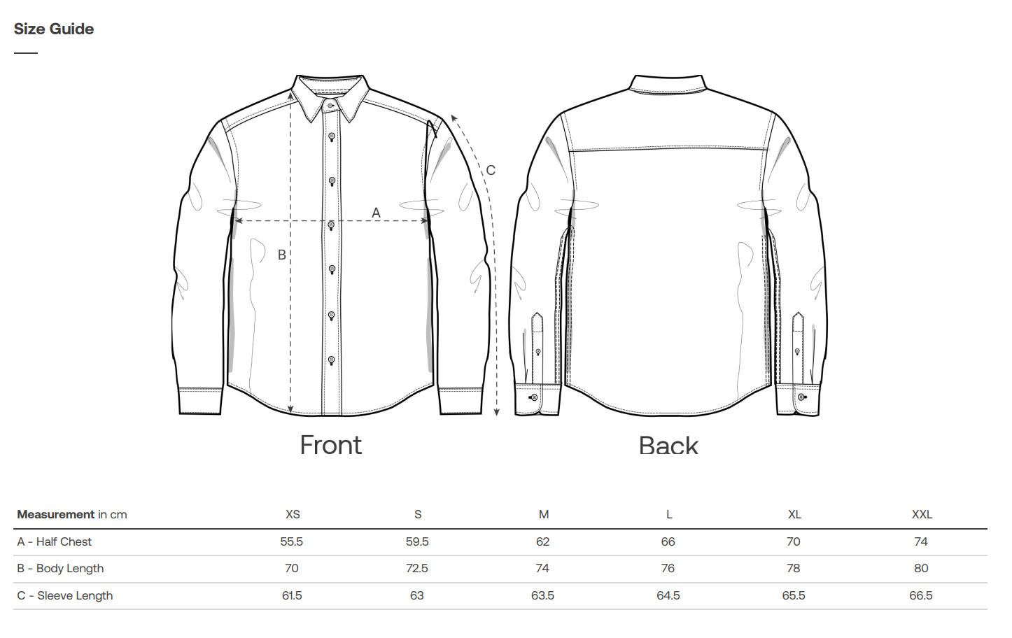 Size guide for a sustainable worker shirt with front and back views and measurement details.