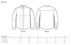 Size guide for a sustainable worker shirt with front and back views and measurement details.