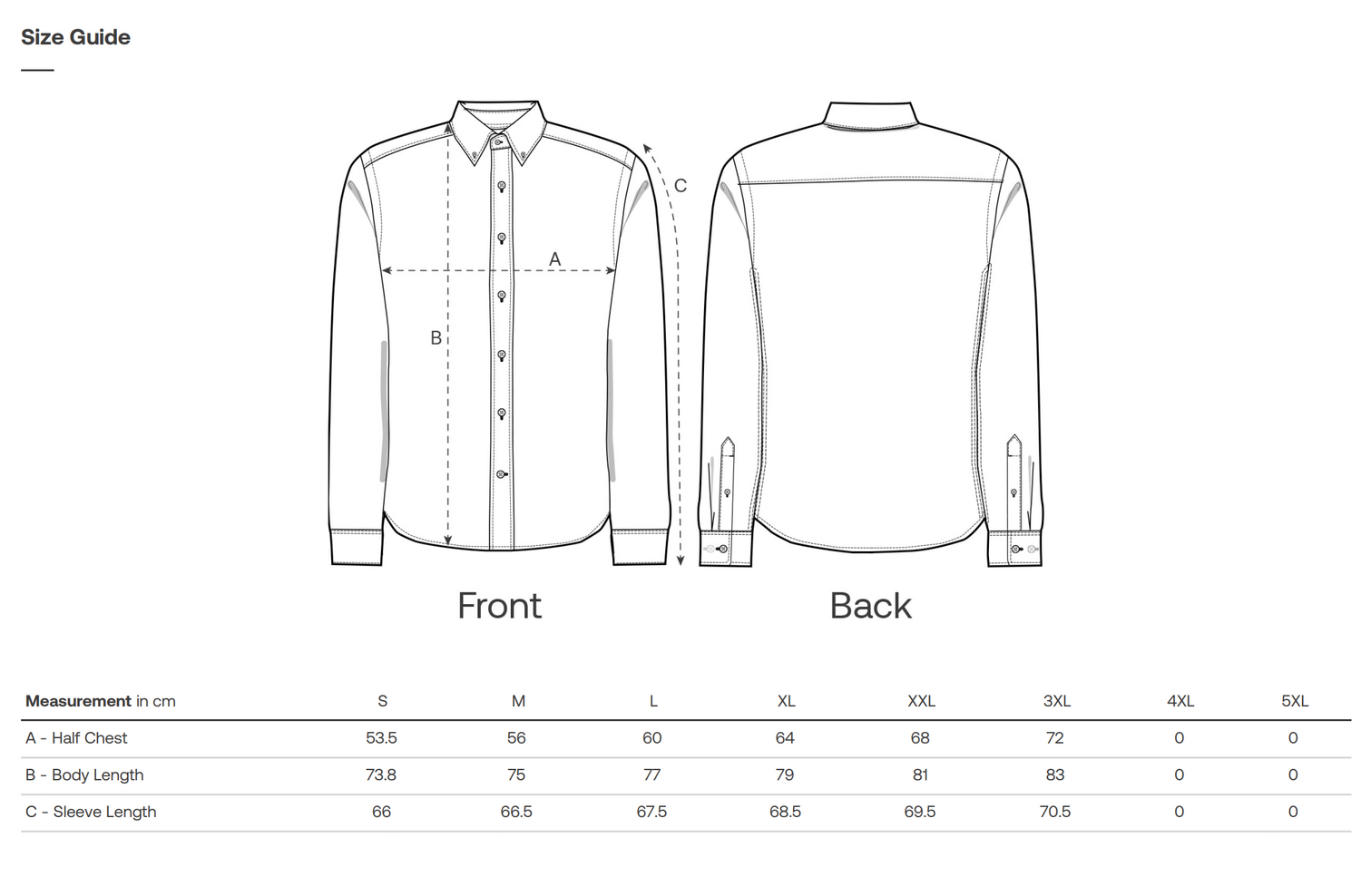Size guide for a sustainable shirt with front and back views and measurement chart.